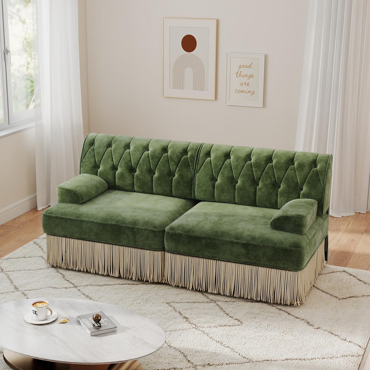 Unique Chesterfield Style Modular Sectional Sofa, 135.6” L-shaped Boneless Sofa with Velvet Fabric, Floor-grazing Tassel Fringe Skirt and Button Tufted Design for Living Room, Easy to Assemble, Beige