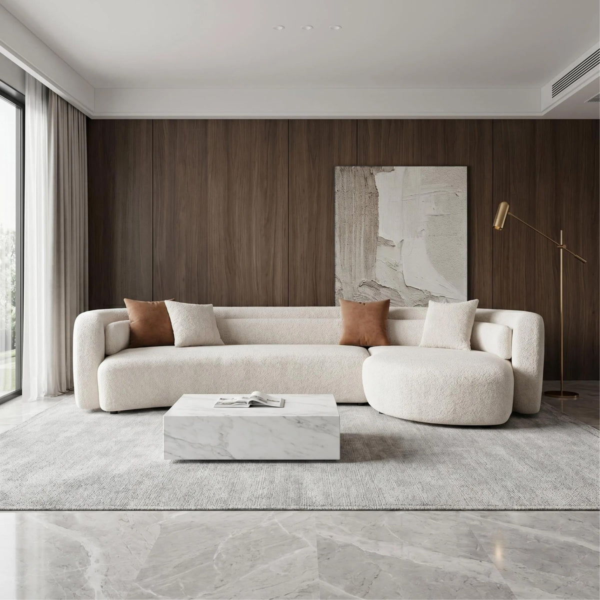 132" Luxury Curved Boucle Sofa, Light Beige L-Shaped Sectional Couch