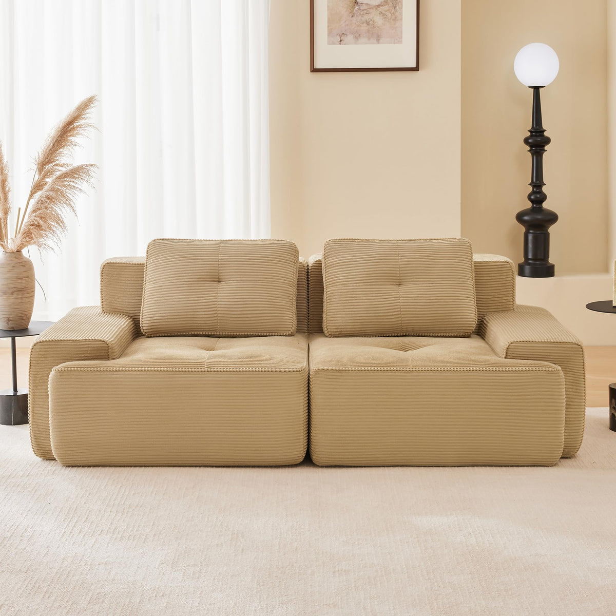 115.3” Camel Boneless Couches for Living Room, Modular Sectional Sofa with L-Shape Chaise, 3 Seater Comfy Upholstered Deep Seat Corduroy Fabric Cloud Couch No Assembly, Anti-Slip Design