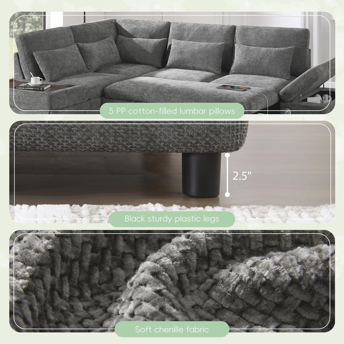 107" Modular Sectional Sleeper Sofa with Pull Out Bed, Oversized L-Shape Couch with USB Charger, Storage Ottoman & Adjustable Armrest, Chenille Sectional Couches for Living Room, Grey