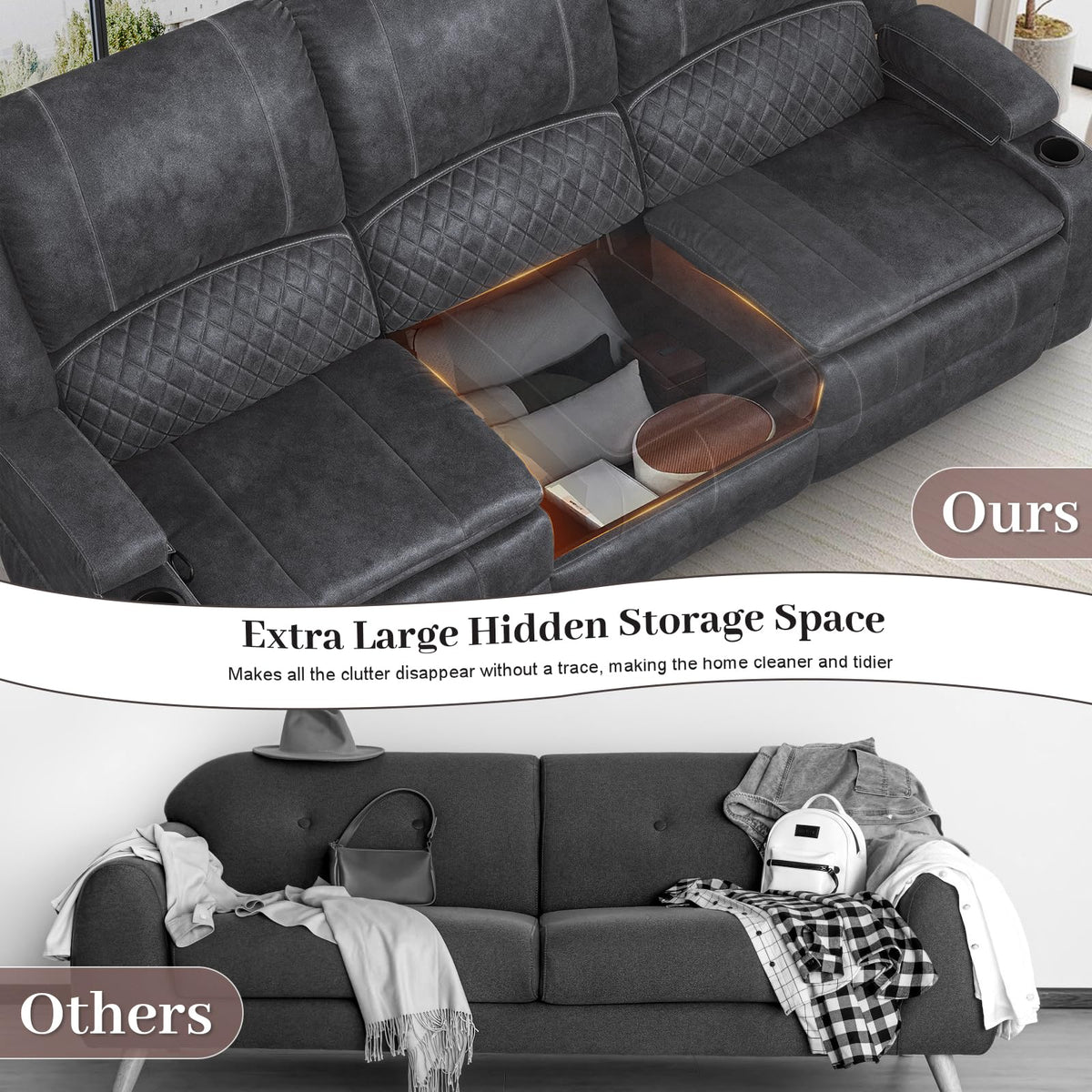 Yolsali Velvet Fabric Recliner Sofa, 3 Seater Manual Reclining Sofa with Multi-Function Middle Seat, Reclining Couches for Living Room with Removable Console, Hidden Storage Space, Cup Holders - Grey