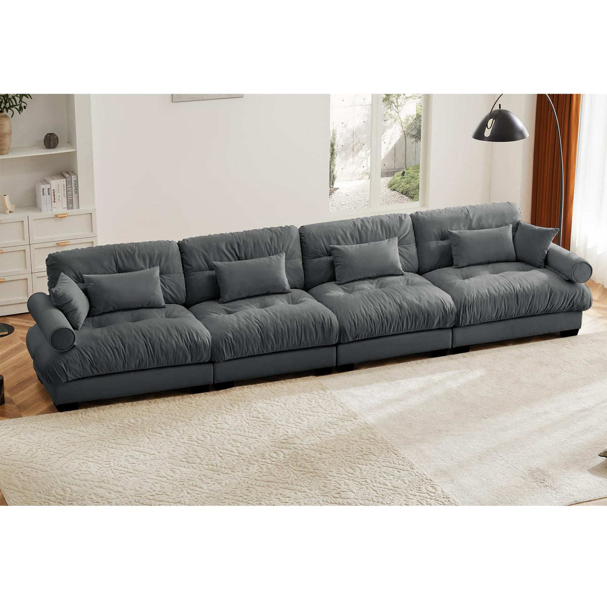 130" Cloud Couch, Oversized 3-Seater Couch with Ottomans and Pillows, Deep Seat L Shaped Sofa, Comfy Velvet Fluffy Sofas Modular Sectional Couches for Living Room (Blue, 3 Seat + 1 Ottoman)