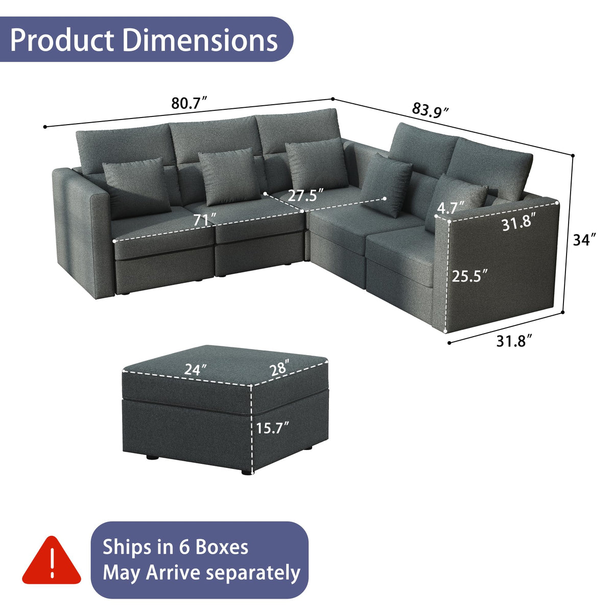V Shaped Sectional Couch: 81" Grey Sectional Sofa, 5 Seat Couch