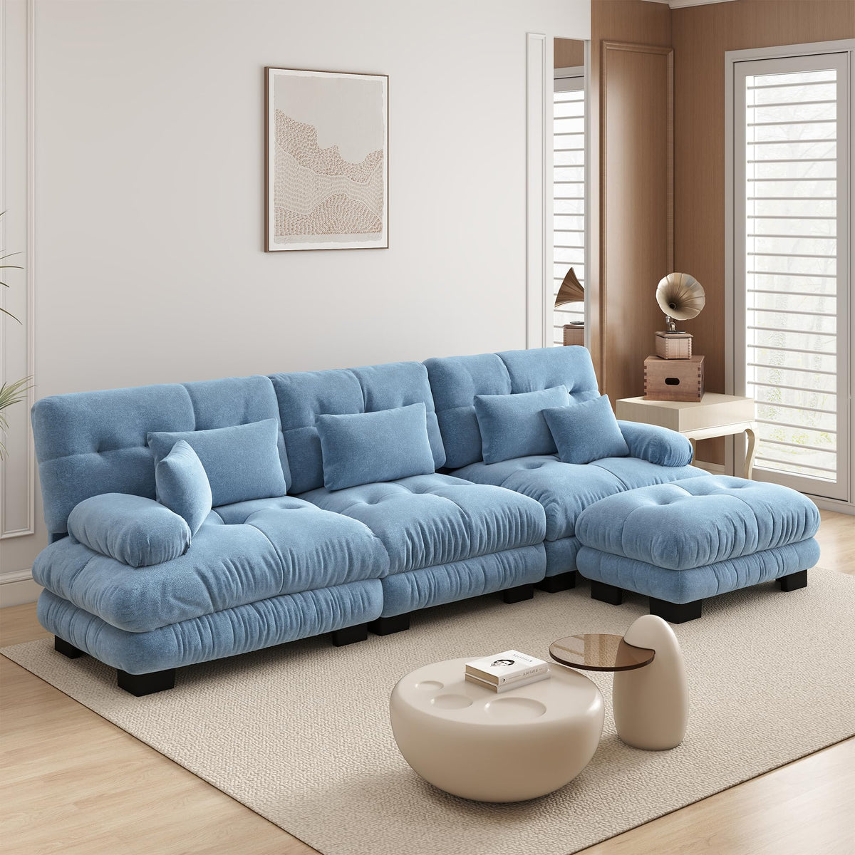 Velvet Modular Sectional Sofa,130" W Oversized U Shape Cloud Couch with 2 Ottomans,Free Combined 3 Seater Comfy Sofa with Bolster Armrest Pillows,Green for Living Room