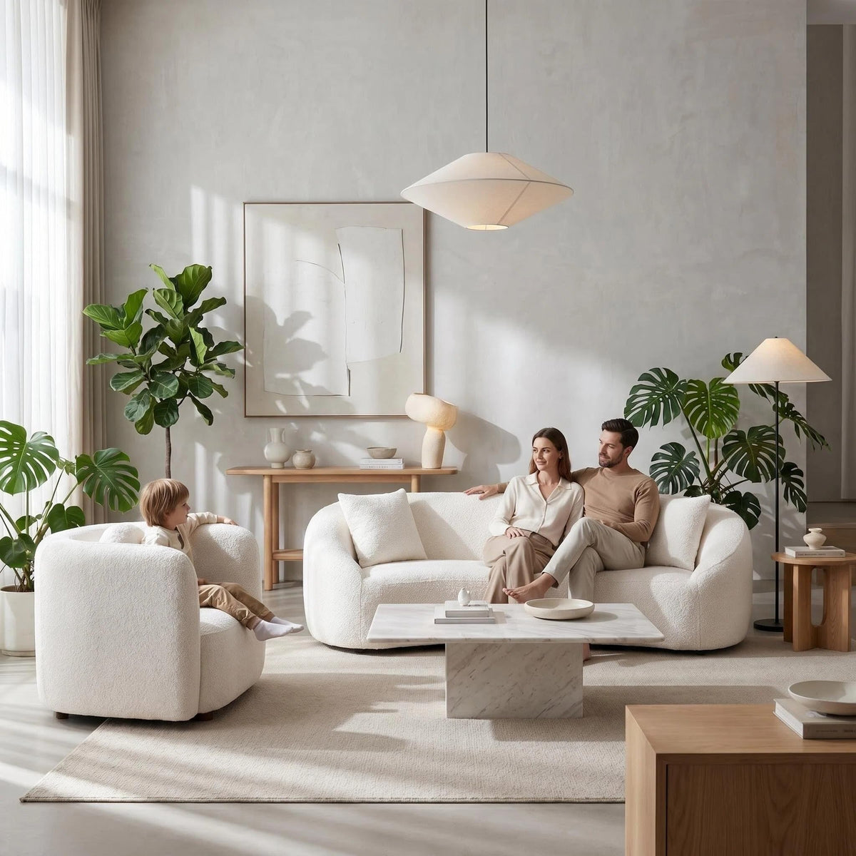 White Curved Sofa Set of 3, Solid Wood Frame, 5 Seater, Pillows, Modern