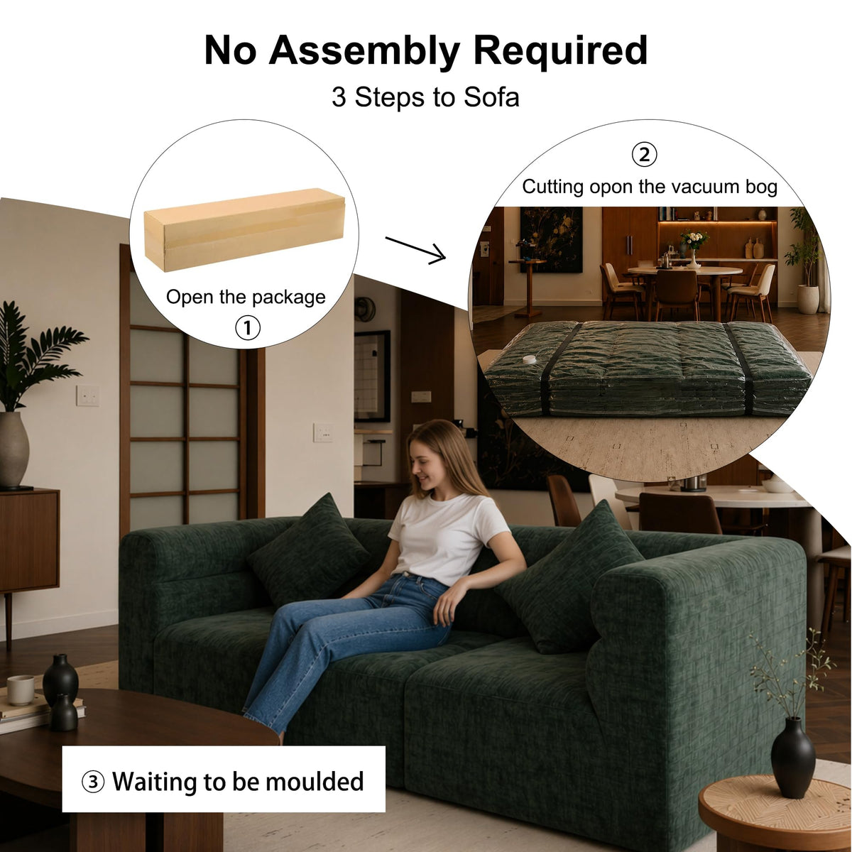 113.38" Modular Sectional Sofa, No Assembly Required Cloud Couch with Deep Seat & Chaise, Modern L-Shaped Boneless Sofa in a Box for Living Room, Apartment, Deep Turquoise Green