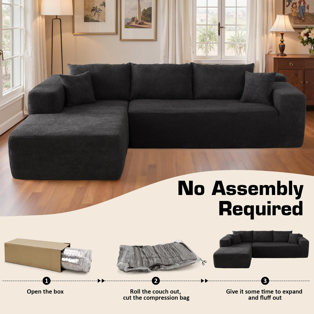 106" Cloud Sectional Couch with Chaise Lounge,L Shaped Modular Modern Sofa,Comfy Corduroy Fluffy Sofa with Deep Seat,No Assembly Required Couch for Living Room(Left,Stripe Corduroy,Black)