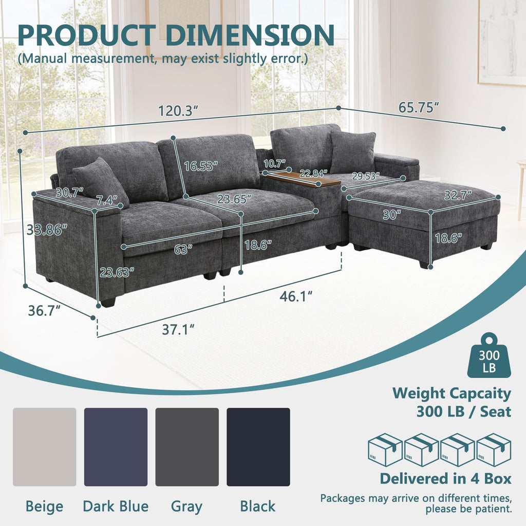 120.3" L-Shaped Sectional Sofa with Storage Ottoman, Oversized Comfy Couch with USB Port, Side Storage, Cup Holder & 360°Swivel Drop-Down Table, Sectional Couches for Living Room (Gray, 120.3")