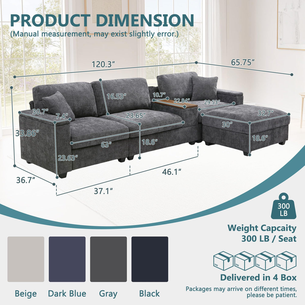 120.3" L-Shaped Sectional Sofa with Storage Ottoman, Oversized Comfy Couch with USB Port, Side Storage, Cup Holder & 360°Swivel Drop-Down Table, Sectional Couches for Living Room (Gray, 120.3")