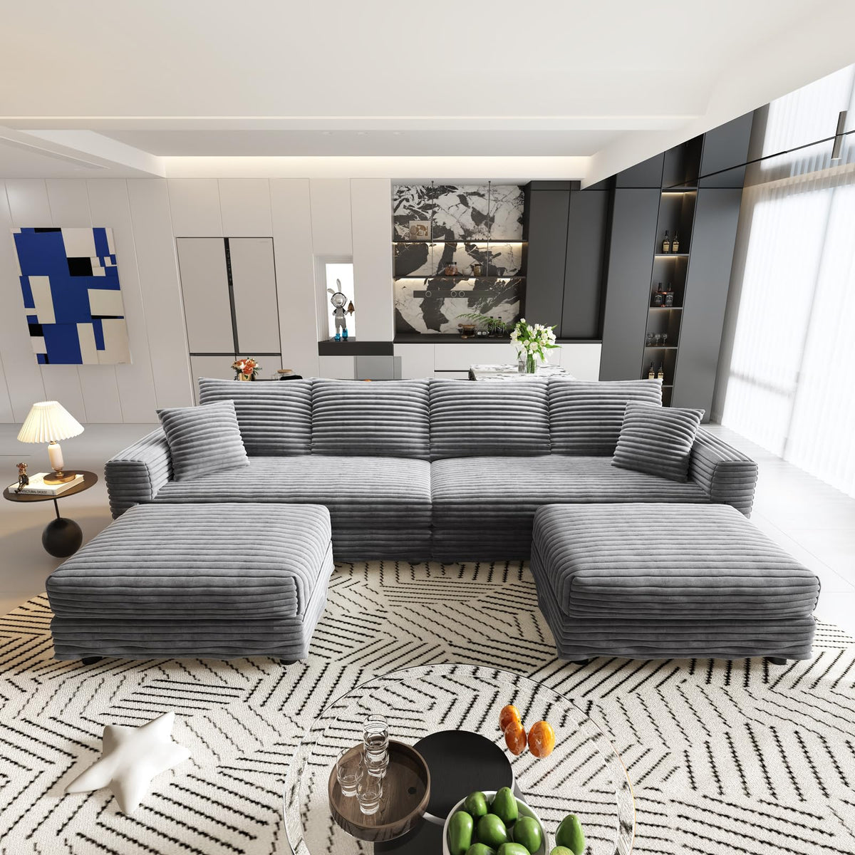 102.4'' Cloud Couch with 2 Ottomans, 4 Deep Seat Convertible Modular Sectional Sofa, Plush Corduroy & Memory Foam Couches with 6 Soft Pillows for Living Room, Apartment