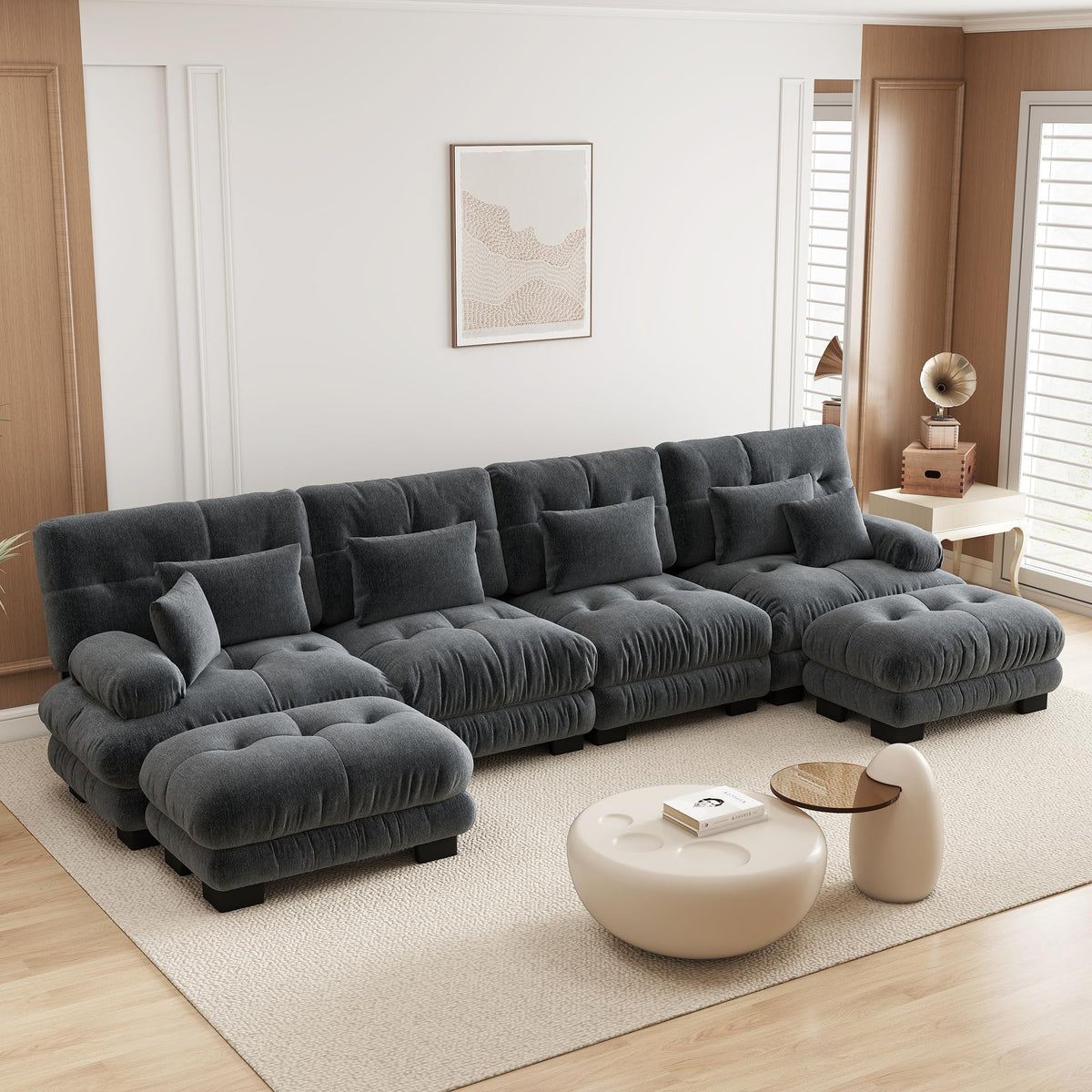 Velvet Modular Sectional Sofa,130" W Oversized U Shape Cloud Couch with 2 Ottomans,Free Combined 3 Seater Comfy Sofa with Bolster Armrest Pillows,Green for Living Room