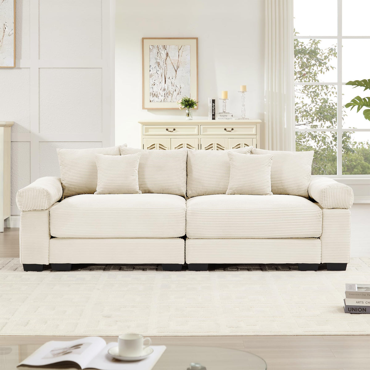 130" Oversized Modular 3-Seater Sectional Sofa, Cloud Corduroy Fabric with Extra-Thick Armrests, Ergonomic Deep Seat Couch for Living Room, Easy Assembly Sofas for Living Room(Cream)