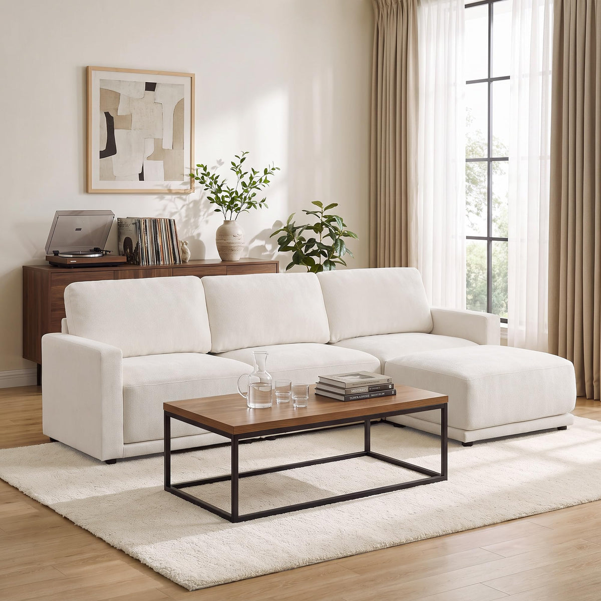 110.6" Modular Sectional Sofa with Ottoman, Upholstered L Shaped Sectional Couch with Thick Cushions, Oversized Chenille Comfy 4 Seater Sofas for Living Room, Easy Assembly, White