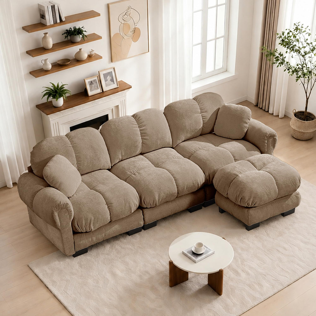 103.9" Modular Cloud Couch, Oversize U-Shaped Sectional Sofa with Ottoman, Deep Seat Chenille Couch, Anti-Slip Design, Modern 3-Seater Sofa for Living Room/Apartment/Bedroom, Brown
