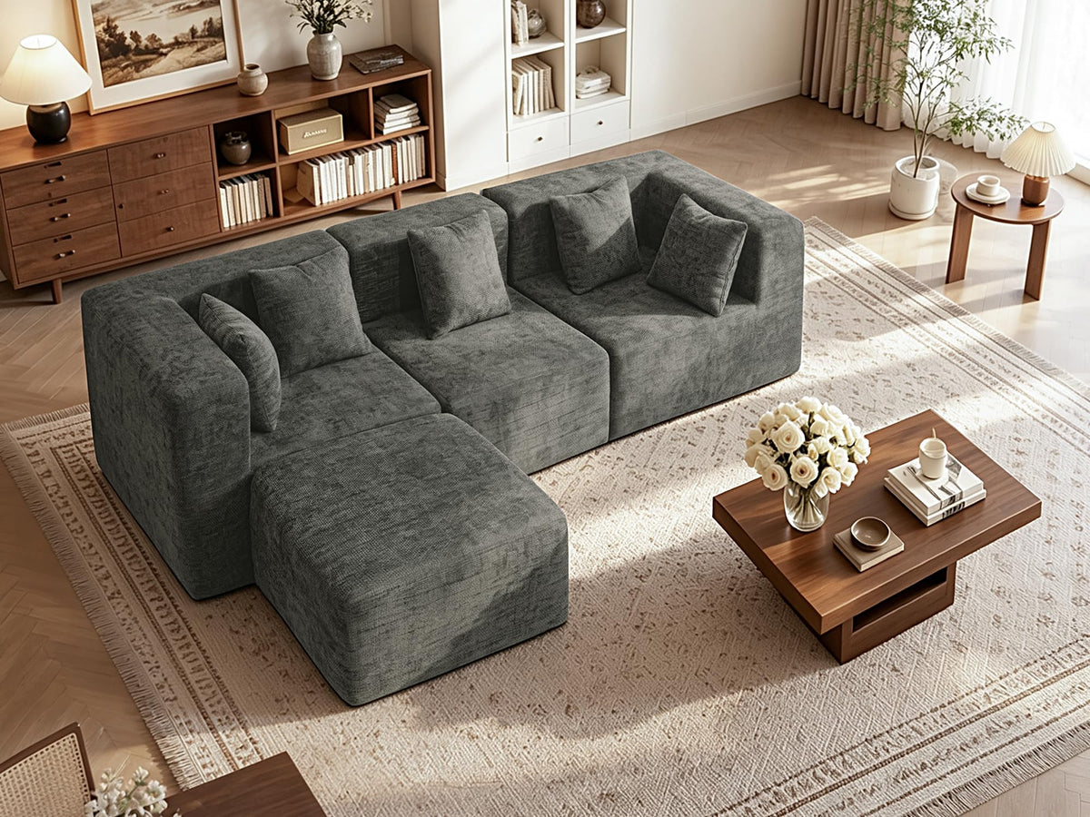 103" Three-Layer Sponge Boneless Couch sectional for Living Room Modular sectional Sofa High-Back 4-Seater L-Shape Couch with Ottoman Memory Foam Waterproof Chenille Black