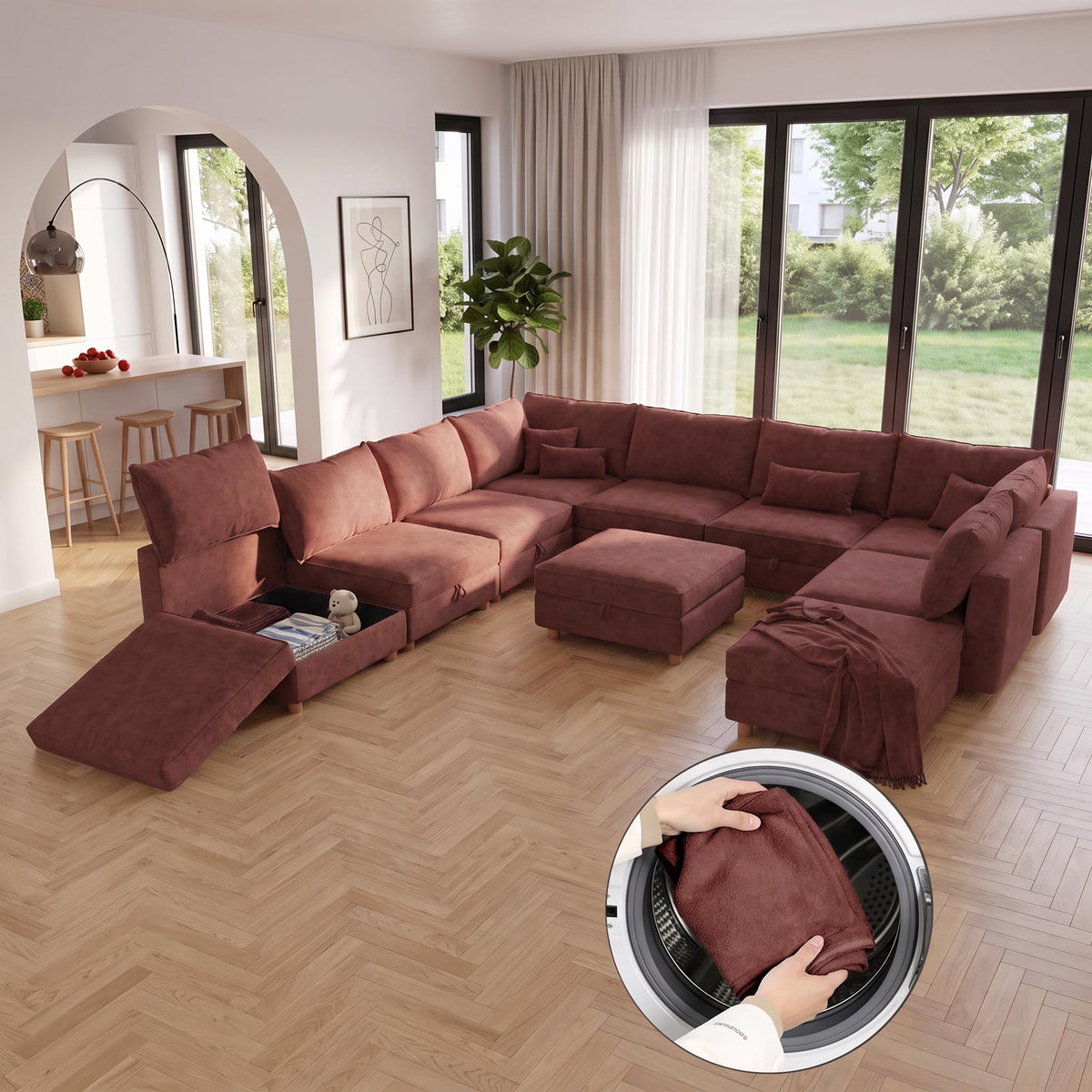 128'' Modular Sectional Sofa with Storage & Washable Covers, Convertible U/L Shaped Couch with Ottoman, 8-Seat Chenille Sectional Sleeper Sofa, Modular Sectional Sofas for Living Room,Orange