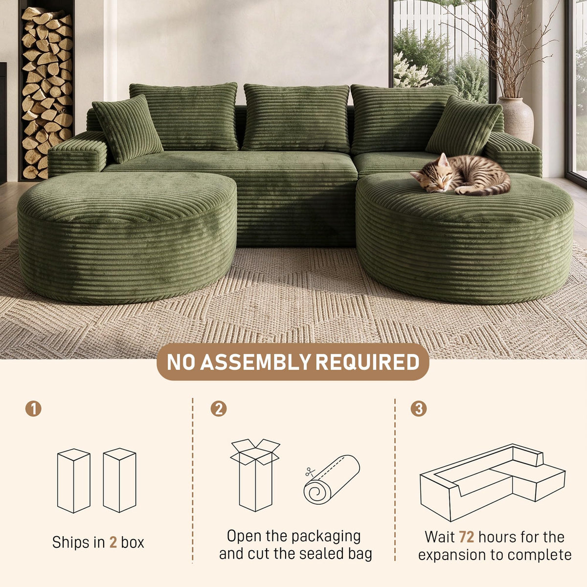 107" U Shaped Modular Boneless Sectional Sofa with 2 Curved Ottomans, Green
