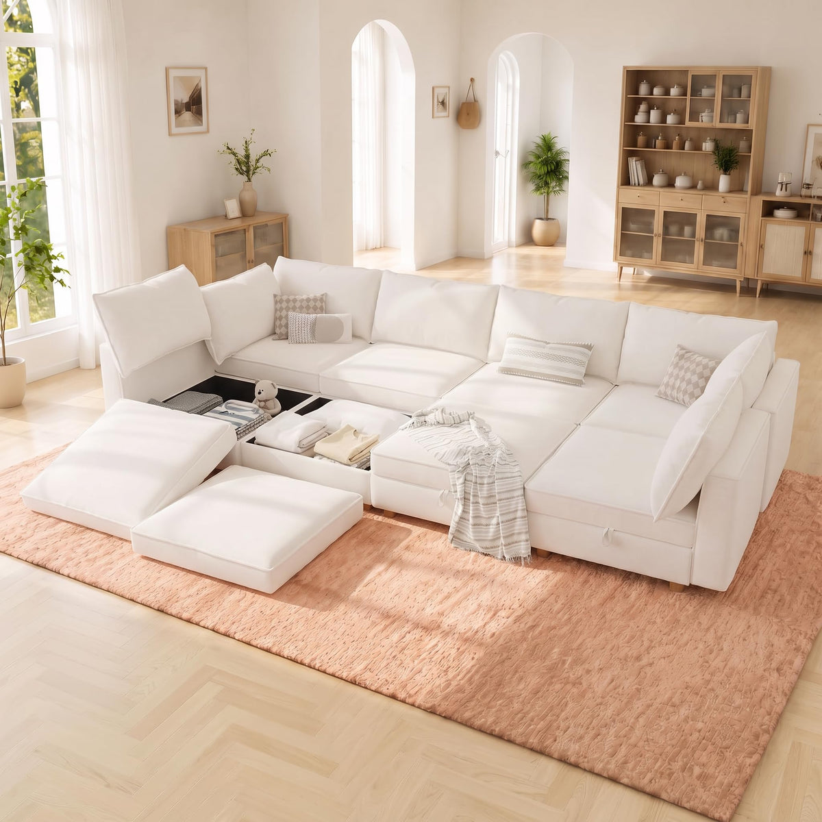 125" Chenille Modular Sectional Sofa Bed Hidden Storage, Convertible L U Shaped Sleeper Couch, 8 Seat Modern Modular Sectional Sofa with Removable Covers & Ottoman Chaise, for Living Room, Beige