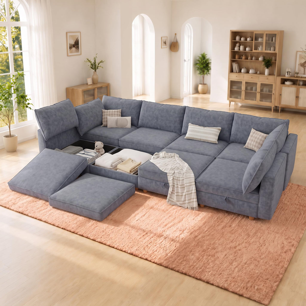 125" Chenille Modular Sectional Sofa Bed Hidden Storage, Convertible L U Shaped Sleeper Couch, 8 Seat Modern Modular Sectional Sofa with Removable Covers & Ottoman Chaise, for Living Room, Beige