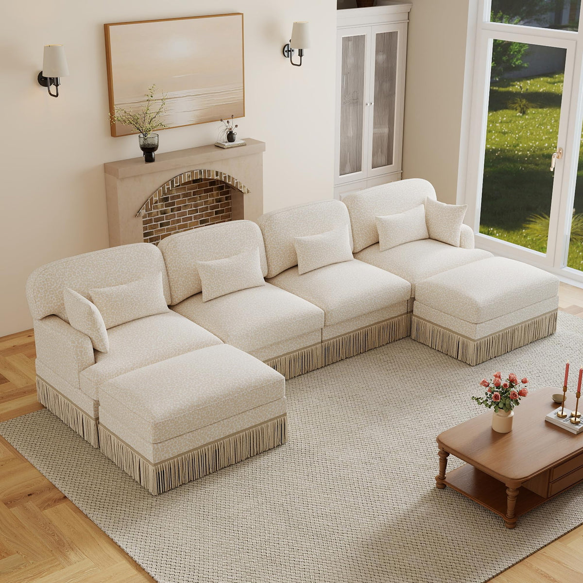 100" Leopard Print Chenille Modular Sectional Sofa with Tassels, L-Shaped Deep Seat Cloud Couch with Ottomans for Living Room, BGE-KHK