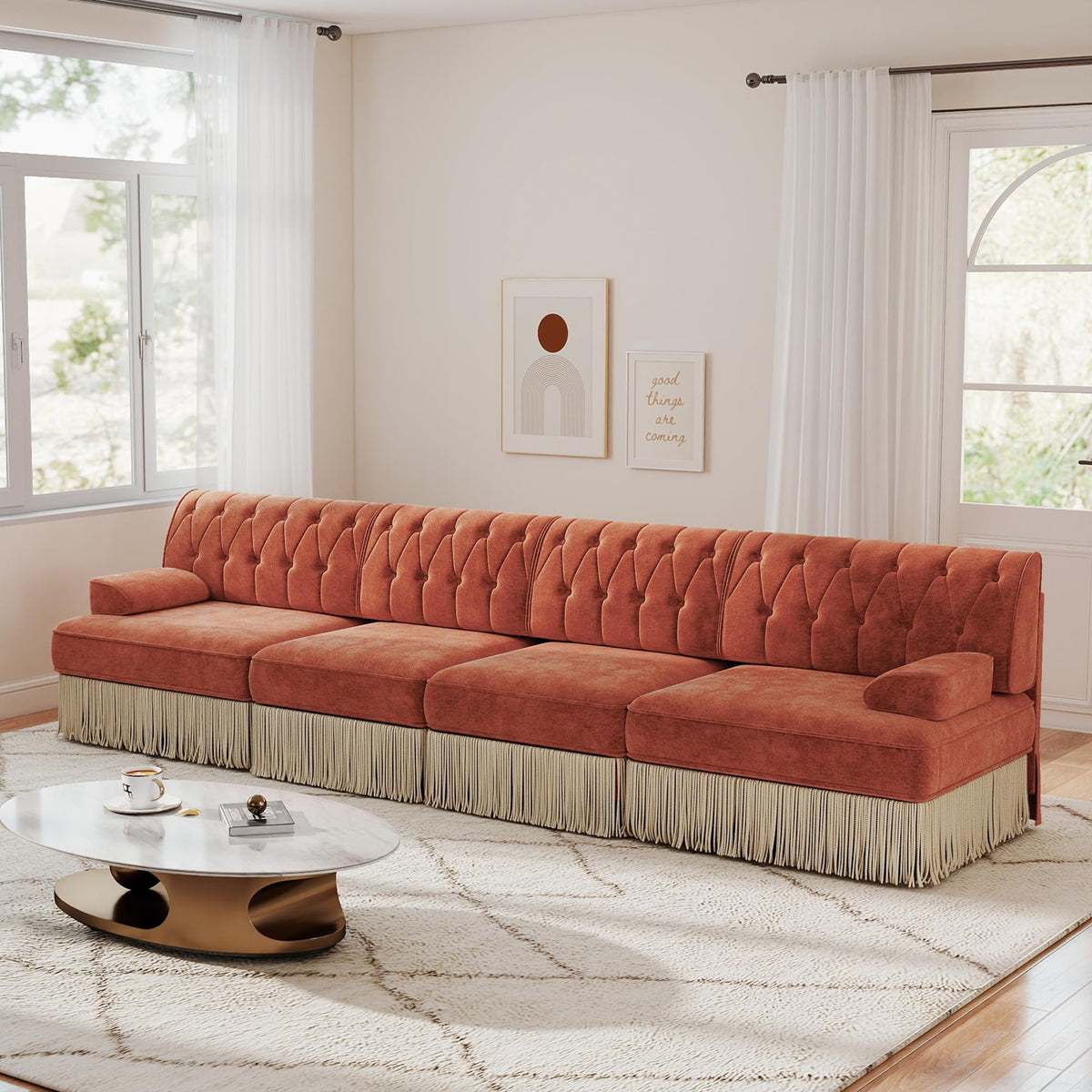 Unique Chesterfield Style Modular Sectional Sofa, 135.6” L-shaped Boneless Sofa with Velvet Fabric, Floor-grazing Tassel Fringe Skirt and Button Tufted Design for Living Room, Easy to Assemble, Beige