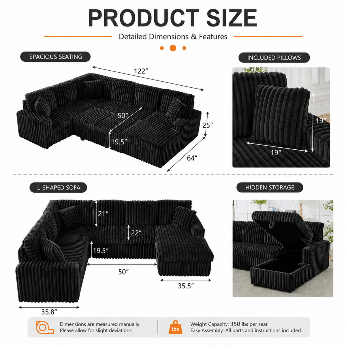122 Inch Oversized U-Shaped Corduroy Sectional Sleeper Sofa with Pull Out Bed, Fluffy Plush Convertible Couch Bed with Storage Chaise for Living Room, Black