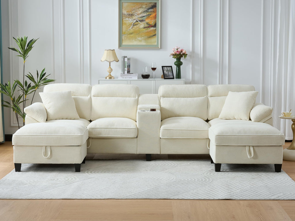 116 Inch Sofa Couch,Sectional Couches for Living Room with 2 Cup Holders,Corduroy Modular Sectional Sofa with Movable and Storable Ottoman.（Beige）