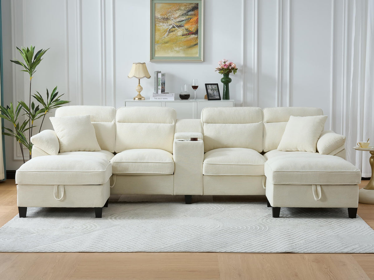 116 Inch Sofa Couch,Sectional Couches for Living Room with 2 Cup Holders,Corduroy Modular Sectional Sofa with Movable and Storable Ottoman.（Beige）