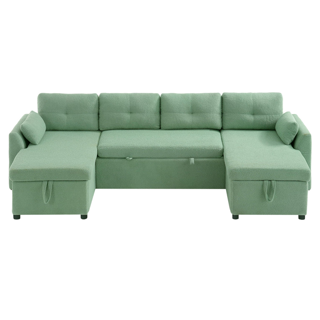 107" U-Shaped Pull-Out Couch Sectional Sofa Bed with USB Charging, Green
