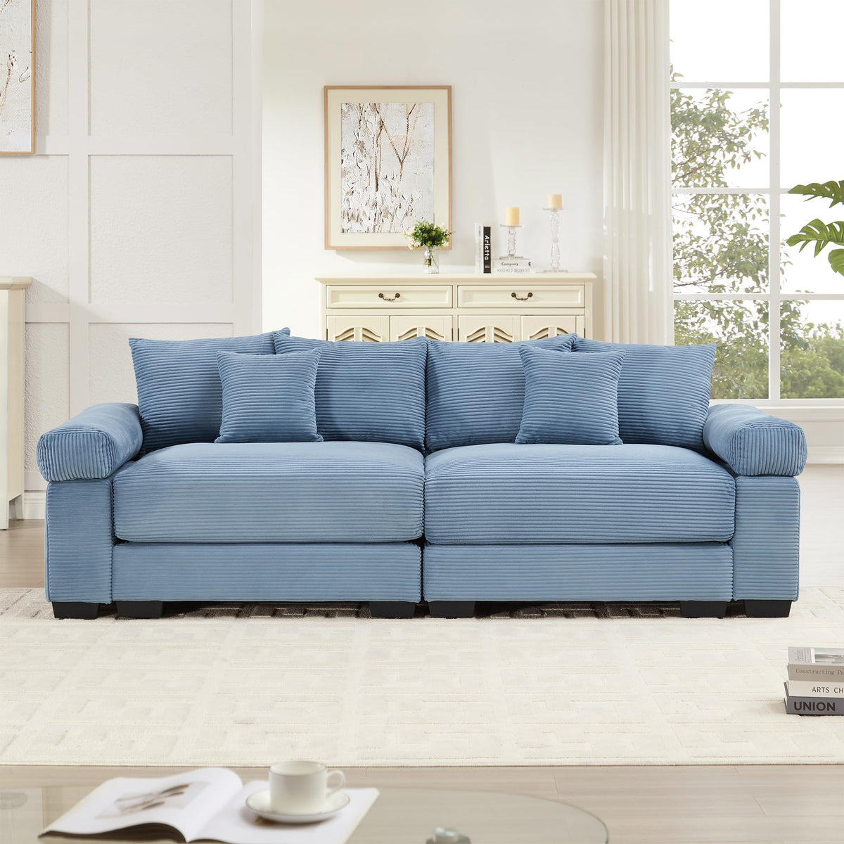 130" Oversized Modular 3-Seater Sectional Sofa, Cloud Corduroy Fabric with Extra-Thick Armrests, Ergonomic Deep Seat Couch for Living Room, Easy Assembly Sofas for Living Room(Cream)