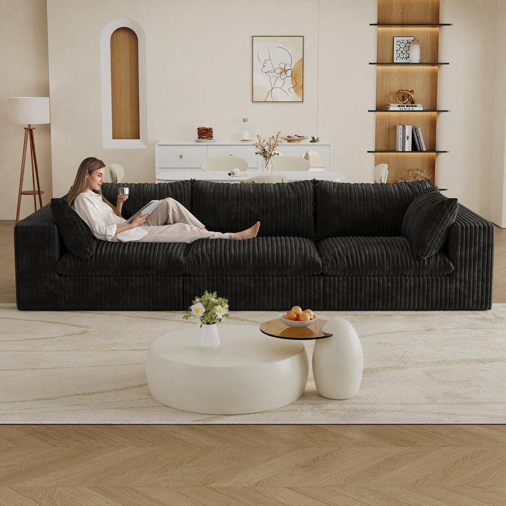 118.2" Cloud Sofa,Corduroy Fabric,Deep Seat Couches,Double Layer Design,Removable Cushion,No Assembly, DIY Combination for Living Room, Bedroom,Conference Room,Apartment,Black