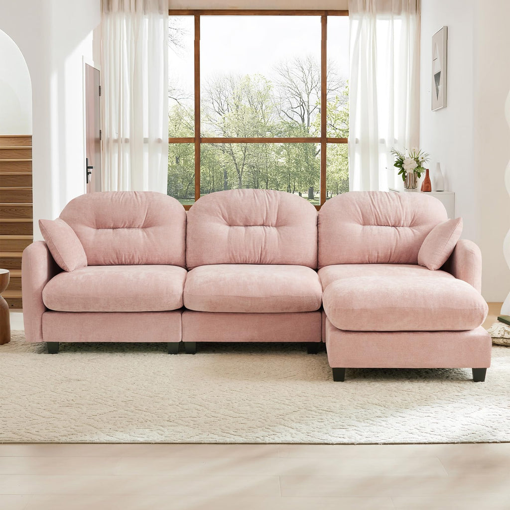 107" L Shaped Couch, Chenille Upholstered Modular Sectional Sofa, 3 Seater Deep Seat Sofa with Movable Ottoman, Modern Cloud Couch with Thick Seat Cushion, Sectional Couches for Living Room, Pink