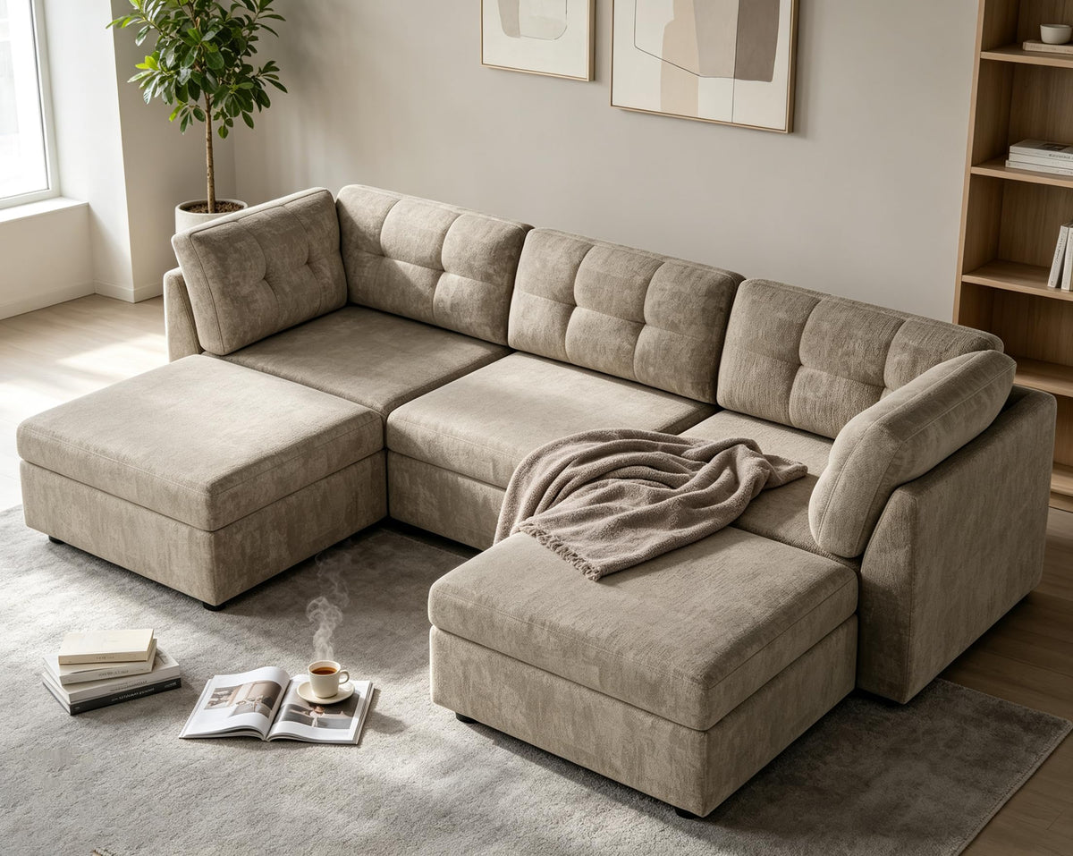 VANOMi Sectional U-Shaped Sofa for Living Room, Modualr Sofa Couch, Green
