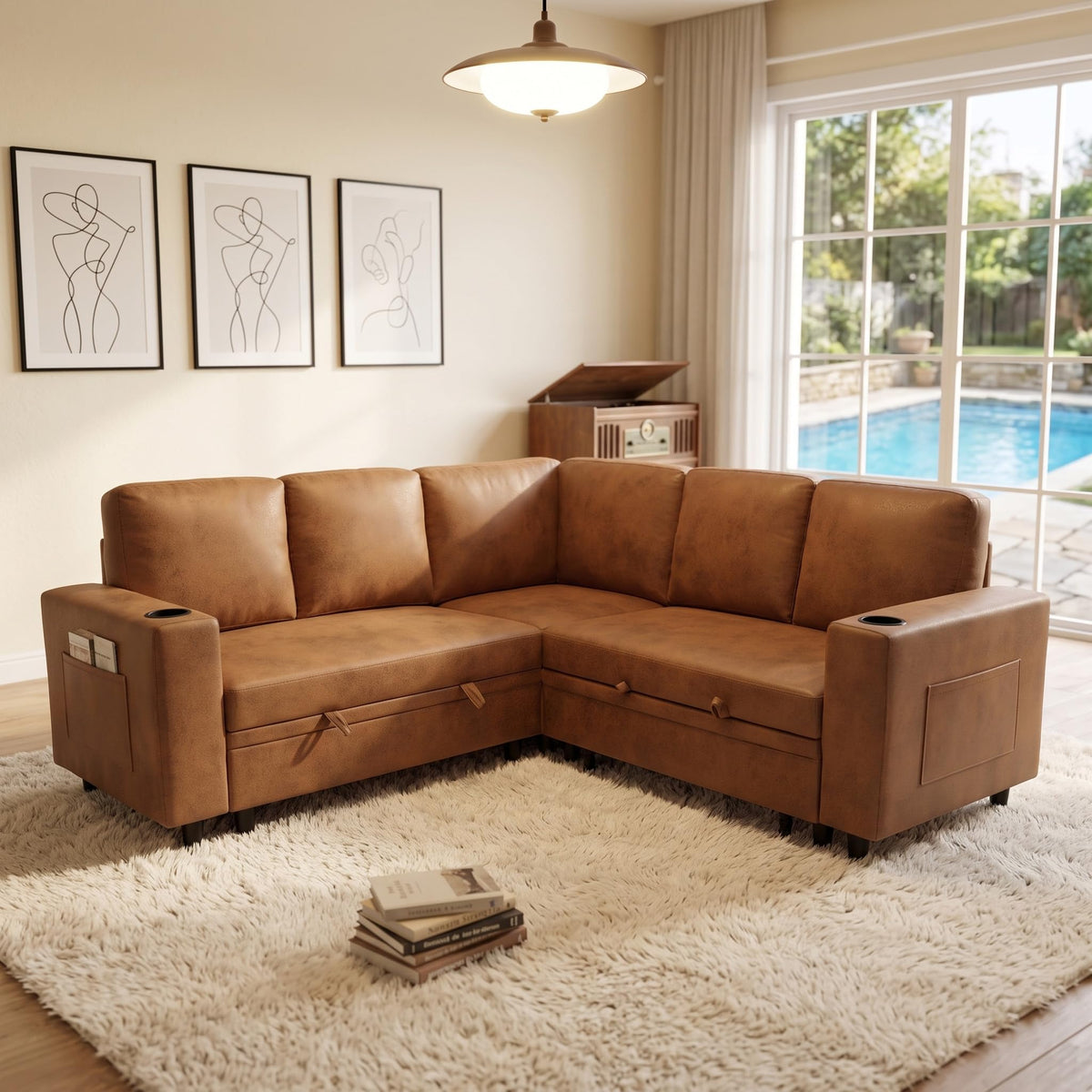 U-Shaped Sofa, Dual Chaise Sectional, 104 Inch, Camel