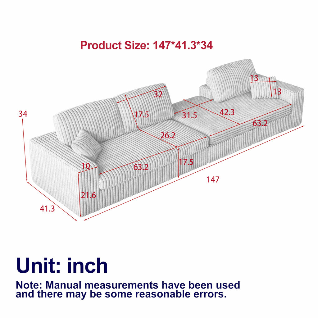 114.5'Corduroy Modular Foam Sofa, Recliner Seat Reversible Sofa, 2 in 1 Sofa with Recliner and L Shaped Sofa Combination with Three Cushion Neck Pillow Combination and Two Throw Pillows WT655