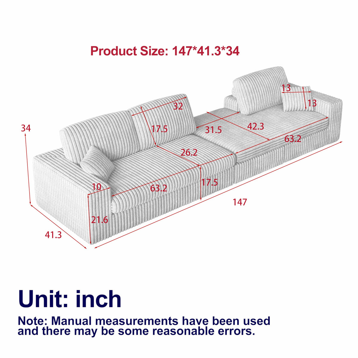 114.5'Corduroy Modular Foam Sofa, Recliner Seat Reversible Sofa, 2 in 1 Sofa with Recliner and L Shaped Sofa Combination with Three Cushion Neck Pillow Combination and Two Throw Pillows WT655