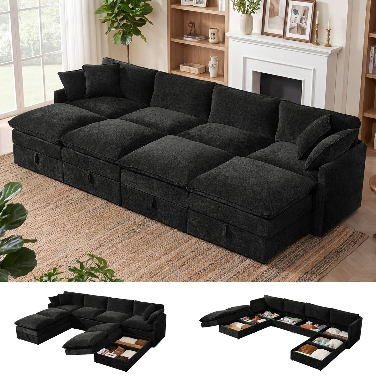 WorthFurni Modular Sectional Sofa Bed with Storage Ottomans,135" Cloud Couch,6-Seater Comfy Modern Couches with Pillows & Upholstered Deep Seat Cushion for Apartment Living Room Bedroom（Black）