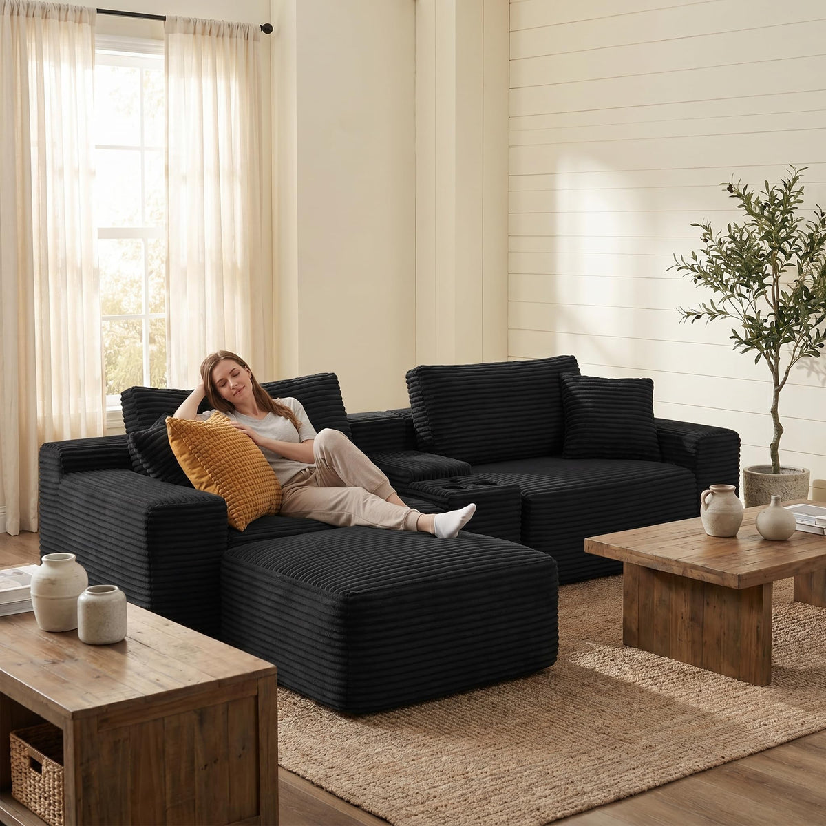 111" L Shape Boneless Couch with Cup Holders & USB Ports, 3 Seater Sectional Modular Couch with Storage Ottoman, Compressed Sofa Boneless Loveseat with for Living Room & Apartment, Jet Black