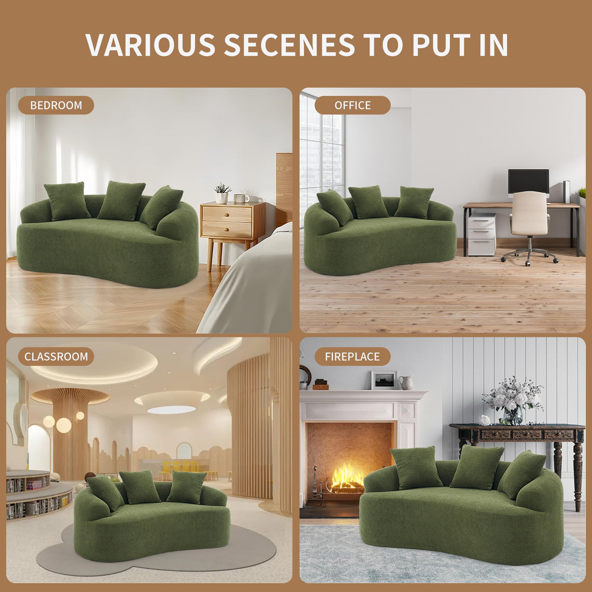 025S Green Curved Loveseat: Compressed No Assembly, Chenille Small Sofa, 30D Sponge, Compact for Apartments, 65" L, 300Lbs, 3 Pillows
