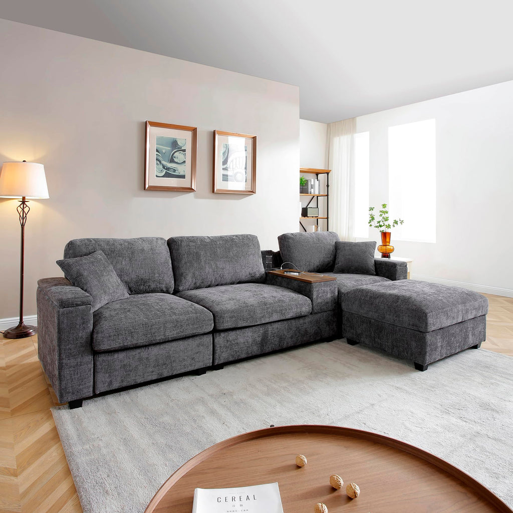 120.3" Modular Sectional Sofa, Oversized Comfy Cloud Couch, 4 Seater L Shaped Couch with Storage Armrest, Ottoman, USB Ports, Cup Holder, Table, Modern Linen Couches for Living Room, Gray