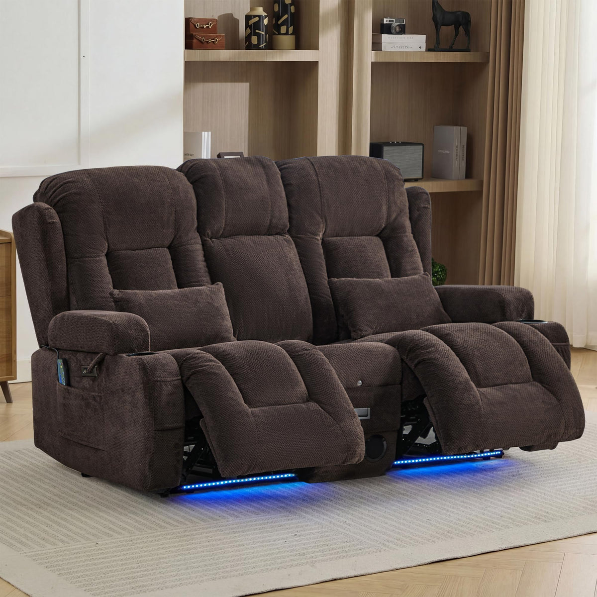 TUNYI Wall Hugger Loveseat Recliner Sofa with Console, Power Reclining Loveseat RV Couch with Massage & Heat/USB/Outlet/Storage/LED Light/Speaker (Blue, 2 Seat with Console)