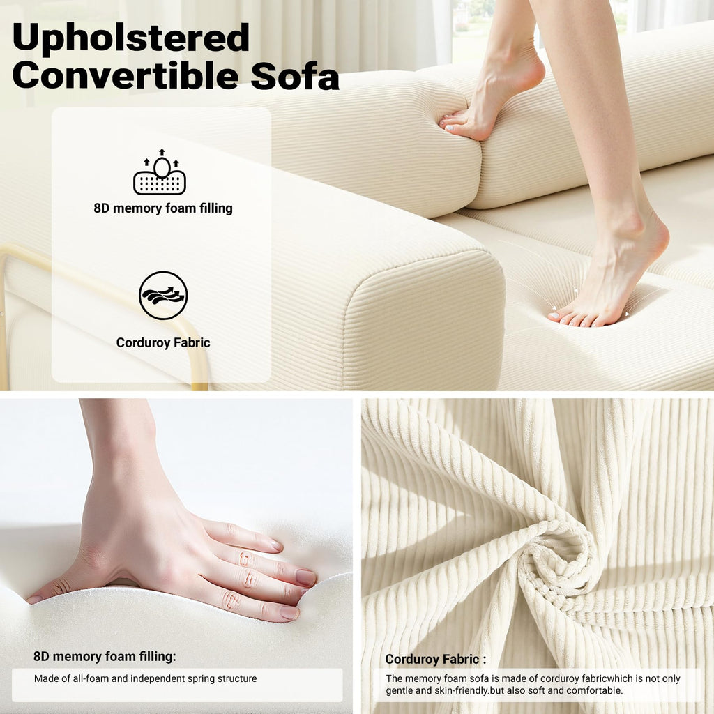 108" Convertible Folding Sofa Bed, L Shaped Modular Sectional Couchs with Fixed-Shape Frame, Corduroy Boneless Couch Bed, Cloud Mattress Sofa Sleeper Couch for Living Room (Beige, 108" W)