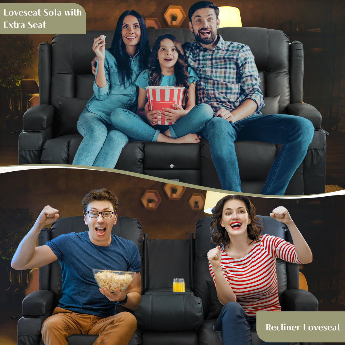 TUNYI Power Loveseat Recliner Sofa, Faux Leather Reclining Sofa with Console RV Reclining Loveseat Couch with USB/Outlet/Storage/Side Pocket/LED Light/Speaker (Black, Loveseat)