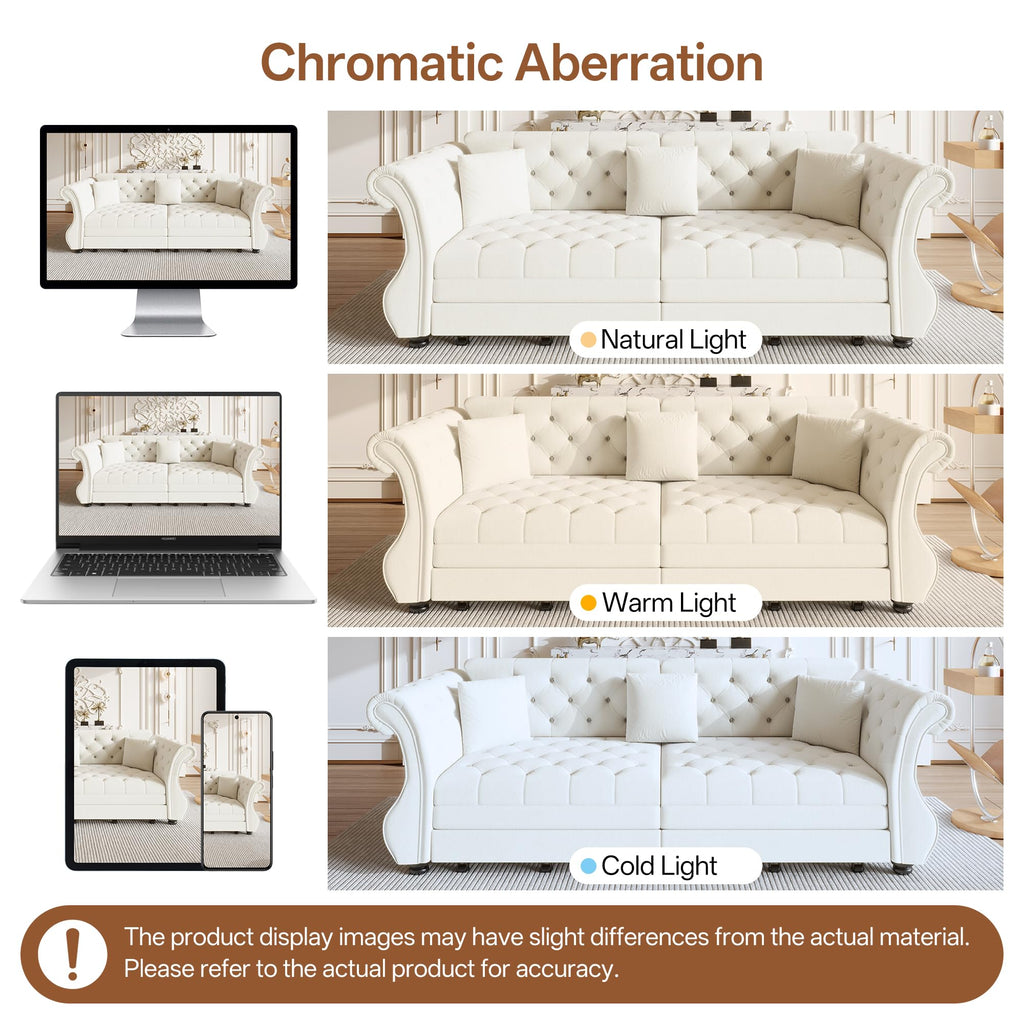 Velvet Pull-Out Sofa Bed, 3-in-1 Convertible Sleeper Sofa with Pillows, Button Tufted Chesterfield King Size Couch for Small Spaces & Apartments (Beige, 97.6")