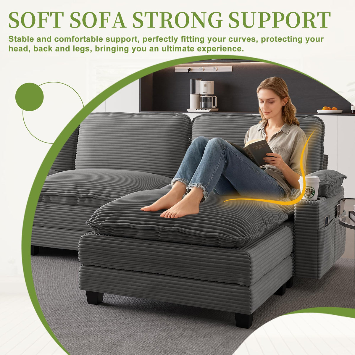 113" 3+1 L Shaped Corduroy Fabric Sofa,Modular Sectional Cloud Couch W,Ottoman,35D High Resilience SpongeDouble Layer Thick Cushion,Cup Holders,Storage Bags,Couches for Living Room,Apartment. AK164