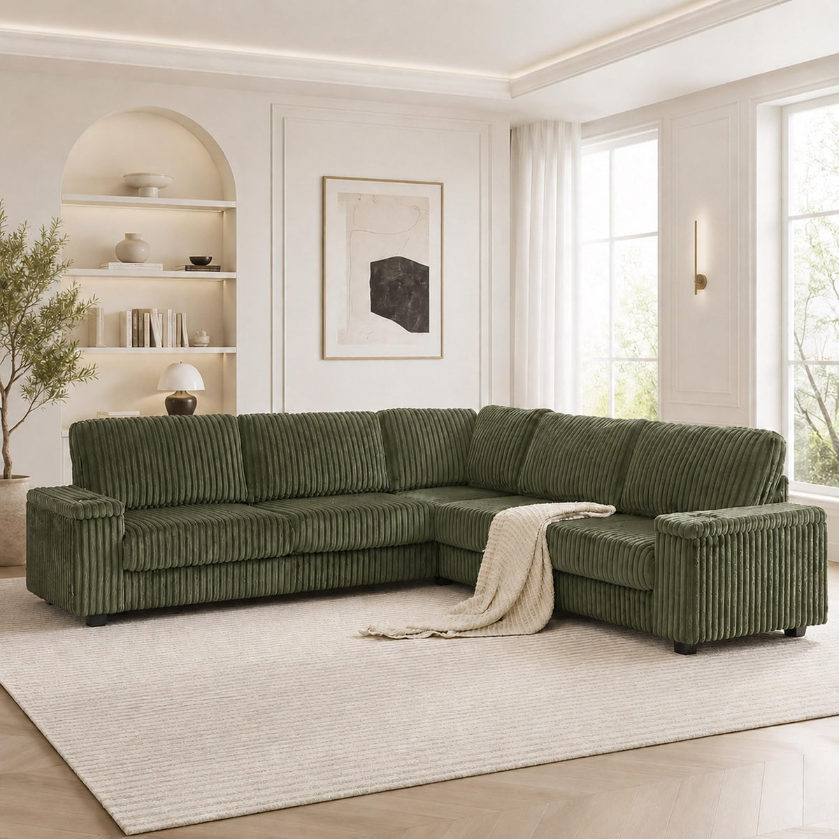106'' Oversized Sectional Sofa Couch, Plush Corduroy V-Shaped Corner Couch with USB Charger, Armrest Storage and Cup Holders, Deep Seat Sectional Couches for Living Room, Grey