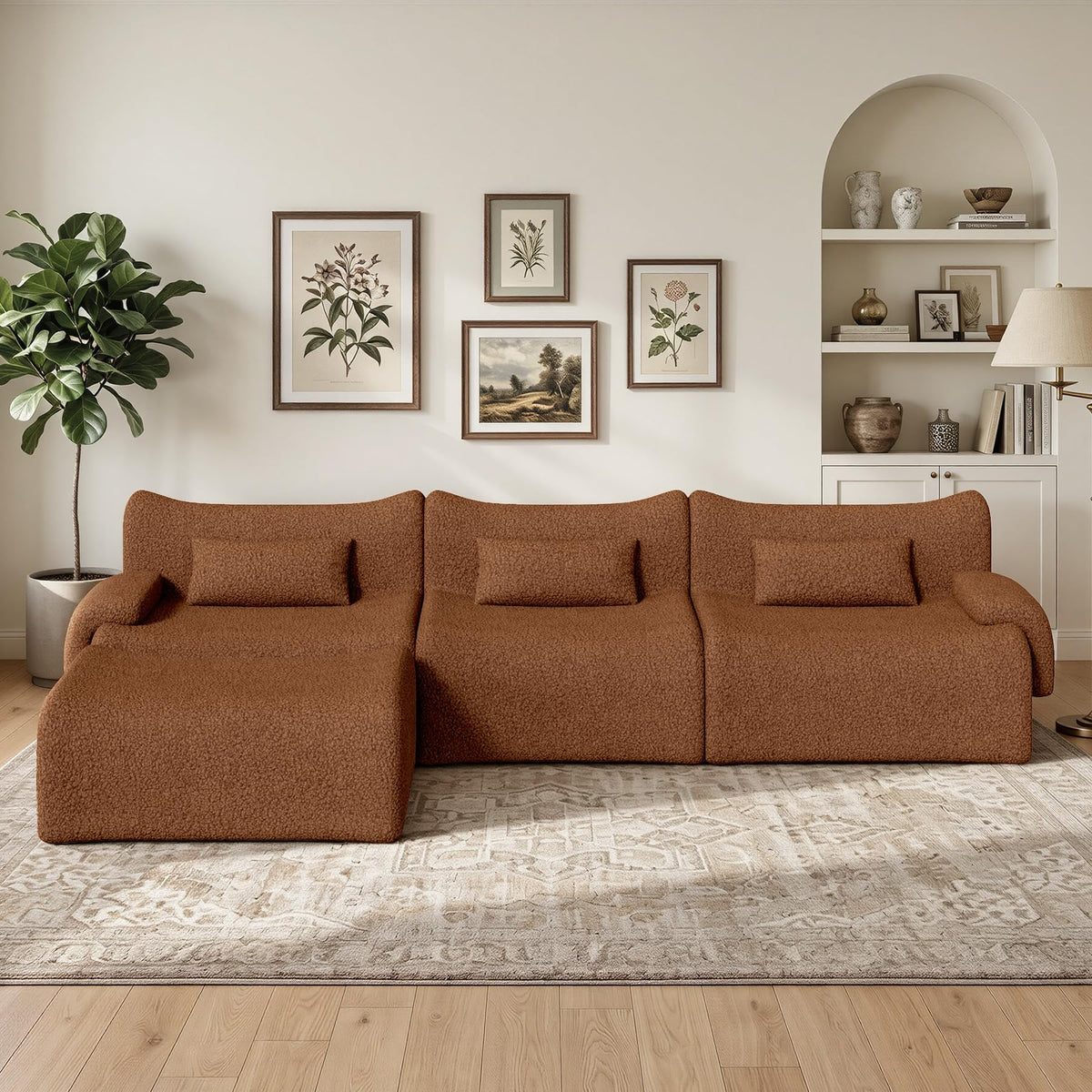 126" L Shaped Boneless Couch, 4-Seat Modular Sectional Sofa with Ottoman, Teddy Fleece Upholstery, Deep Seat Cloud Couch, No Assembly Required,Brown