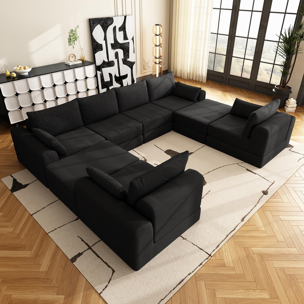 130 Inch Modular Cloud Sectional Sofa, 6 Seater Freely Combined Convertible Sofa with Ottoman, No Installation Compressed Floor Sofa, Soft Memory Foam Cushion for Living Room Apartment, Black
