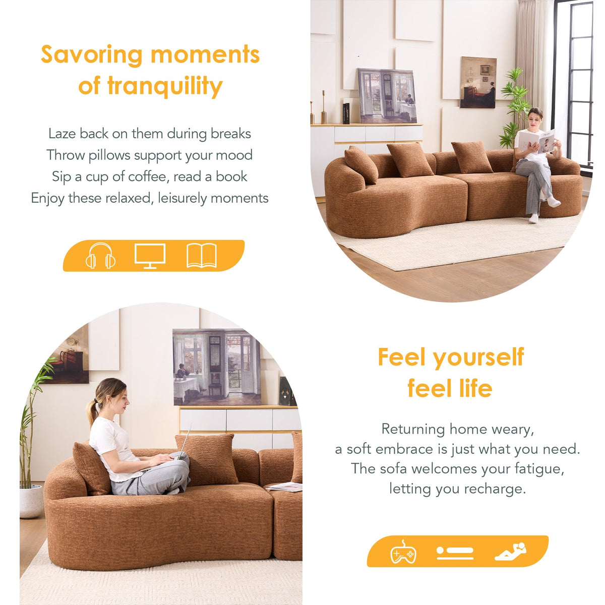 110.2" Boneless Curved Modular Sofa, Modern S-Shaped Chenille Upholstered Couch with 4 Pillows, Spring & Foam Support Soft Packed Sofa for Small Space Living Room, Home Decor (Caramel, 4)