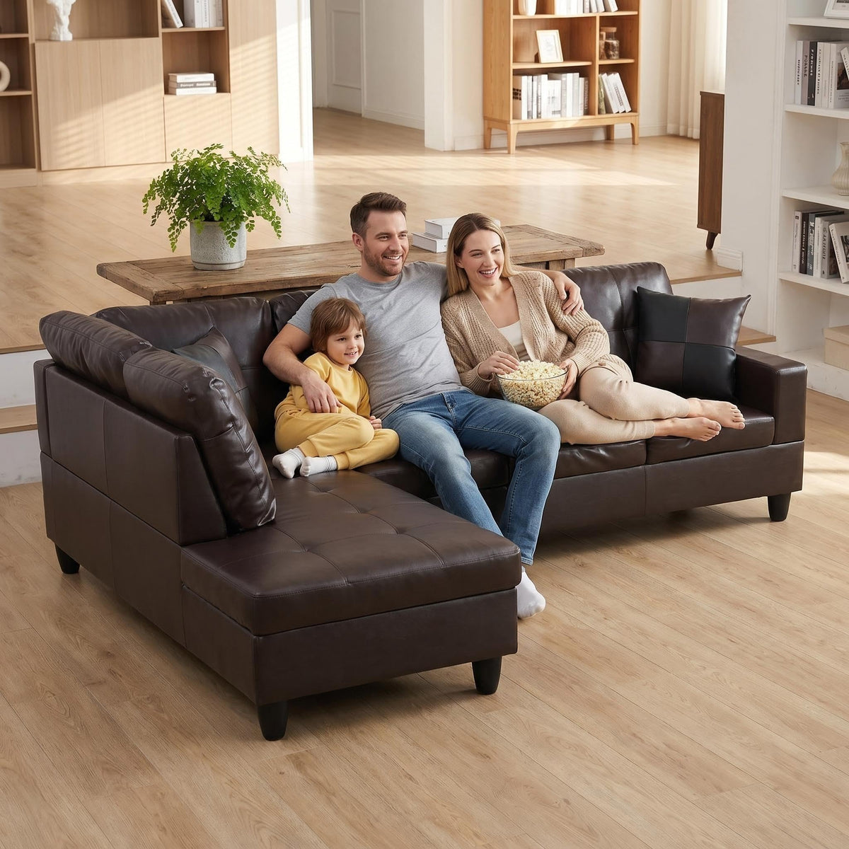 103.5" Sectional Couch with Movable Ottoman, L Shaped 4 Seater PU Faux Leather Sofa w/Chaise Lounge, Comfy Modern Modular Couch for Living Room, Apartment, White Stripes, Right, 3PCS